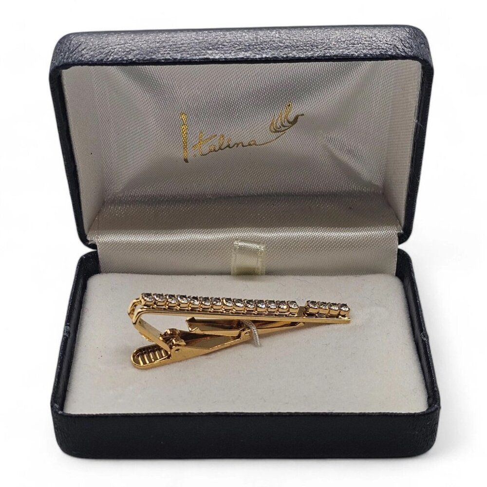Italian Tie Bar/Clip with crystals in gold - vintage 190044 - Picture 2 of 2